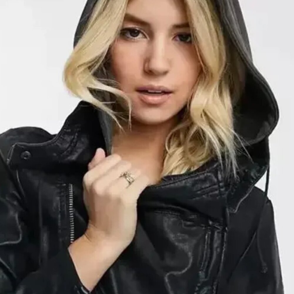 Free People Cleo Leather Moto Black Hooded Jacket Soft Grunge Hot Girl Elevated - Picture 11 of 14